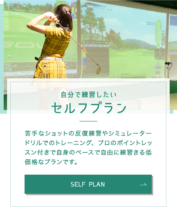 苦手なショットの反復練習やシミュレータードリルでのトレーニング、プロのポイントレッスン付きで自身のペースで自由に練習きる低価格なプランです。