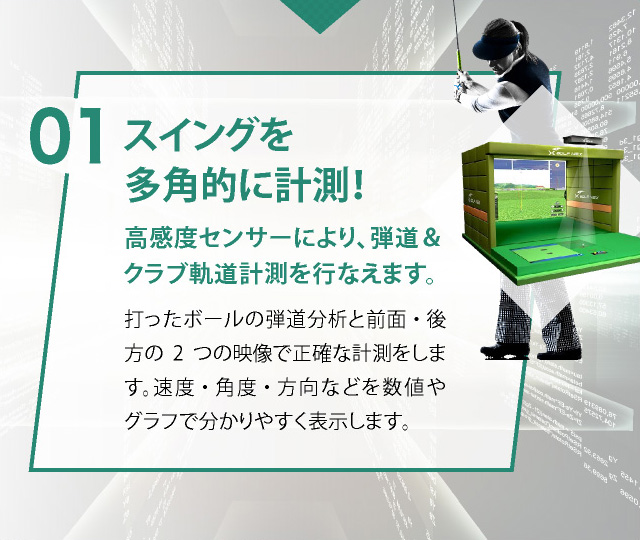 01 スイングを多角的に計測！ 高感度センサーにより、弾道＆クラブ軌道計測を行なえます。打ったボールの弾道分析と前面・後方の2つの映像で正確な計測をします。速度・角度・方向などを数値やグラフで分かりやすく表示します。