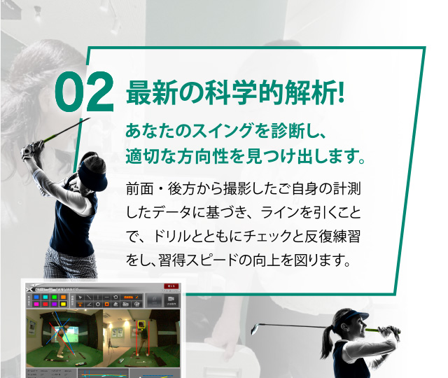 02 最新の科学的解析!あなたのスイングを診断し、適切な方向性を見つけ出します。前面・後方から撮影したご自身の計測したデータに基づき、ラインを引くことで、ドリルとともにチェックと反復練習をし、習得スピードの向上を図ります。